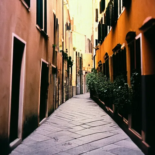 Image similar to kodak portra 8 0 0, flickr photograph view of a hallway street street with roses in neo - venezia in a calm breezy afternoon with a small store in one of the walls