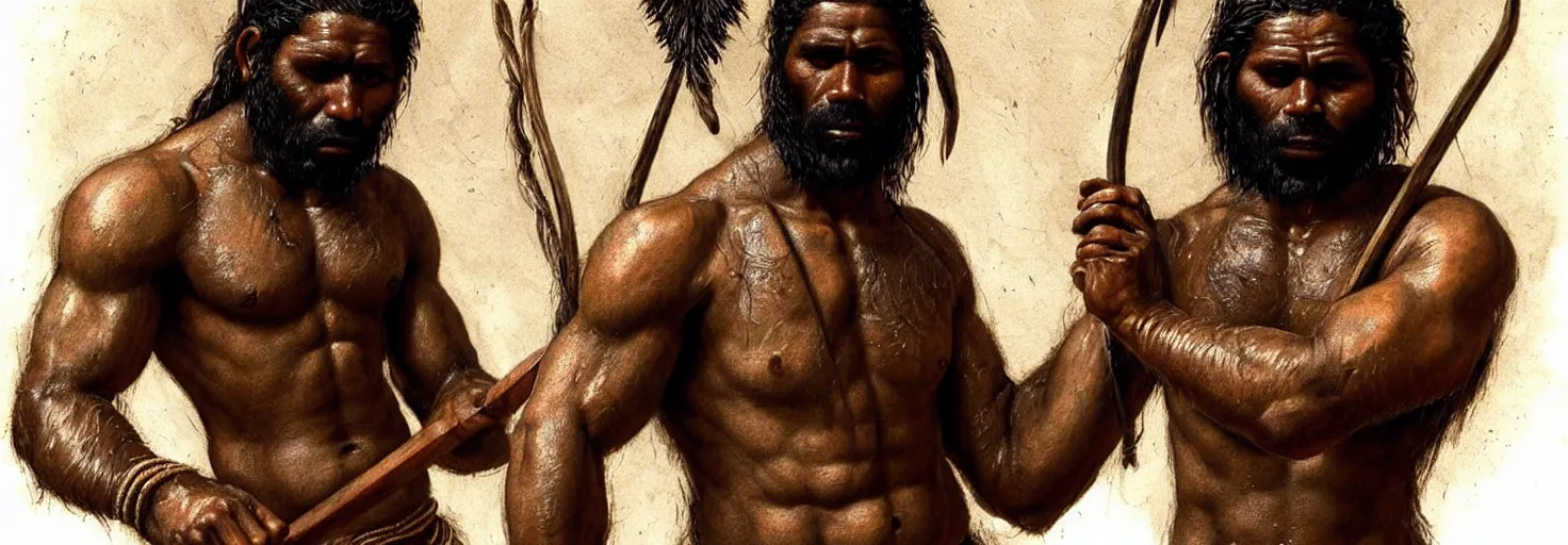 Prompt: renaissance upper body portrait of a gruff ranger with a spear, Australian Aborigine Aboriginal Indigenous Australian Koori Murri Nyoongah, lean and toned, handsome face, hairy chest, D&D, intricate, elegant, highly detailed, digital painting, artstation, concept art, matte, sharp focus, illustration, art by da Vinci, Artgerm and Greg Rutkowski and Alphonse Mucha