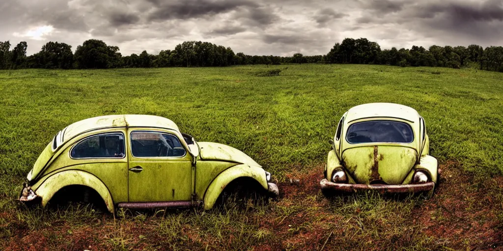 Prompt: a lonely rusty cyan VW Beetle in a vacant field, wide angle, thunderstorm, panorama, detailed digital art