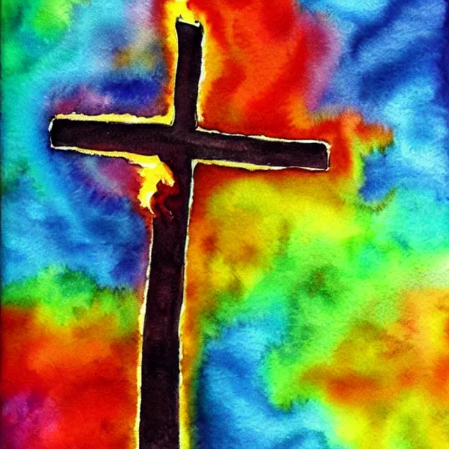 Image similar to cross in flames, fire burning in rainbow colors, watercolor