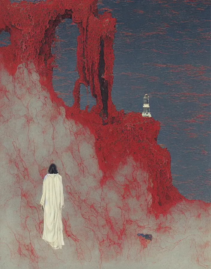 Image similar to worshippers in robes belonging to the cult of the lighthouse standing in waves, a lighthouse, high detailed Beksinski painting, part by Adrian Ghenie and Gerhard Richter. art by Takato Yamamoto. masterpiece, deep colours, red, blue