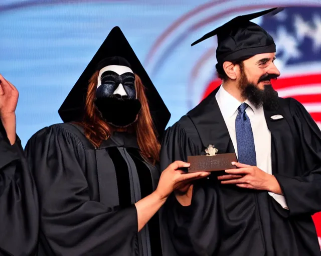 Prompt: man wearing guy fawkes mask accepts award from obama, university graduation pose, photo, cinematic lighting