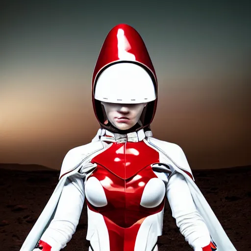 Image similar to portrait of a athletic female soldier in glossy sleek white armor with tiny red details and a long red cape, heroic posture, on the surface of mars, night time, dramatic lighting, cinematic, sci-fi, hyperrealistic