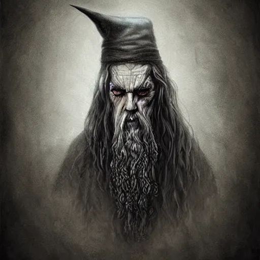 Prompt: surrealism grunge cartoon portrait sketch of Gandalf, by michael karcz, loony toons style, freddy krueger style, horror theme, detailed, elegant, intricate