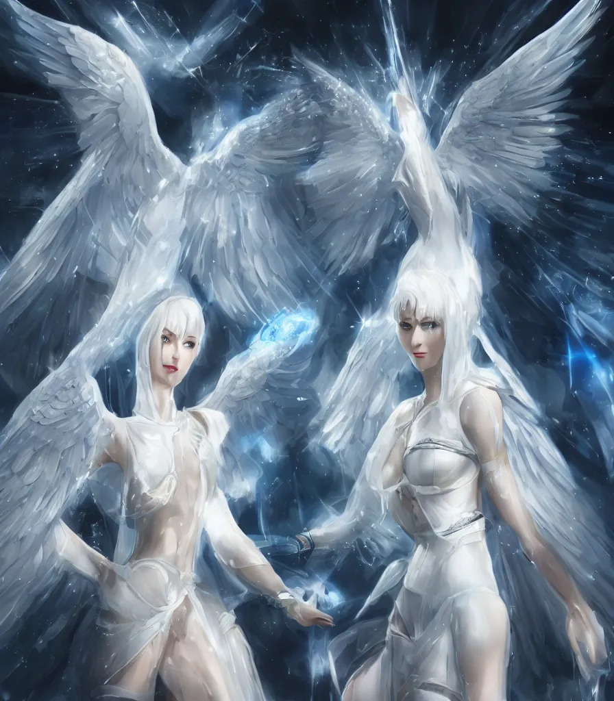 Image similar to perfect white - haired attractive egyptian goddess with large white dove wings, android body, beautiful, symmetric, dreamy, pretty face, blue eyes, detailed, scifi platform, laboratory, experiment, 4 k, ultra realistic, epic lighting, illuminated, cinematic, masterpiece, art by akihito tsukushi, voidstar