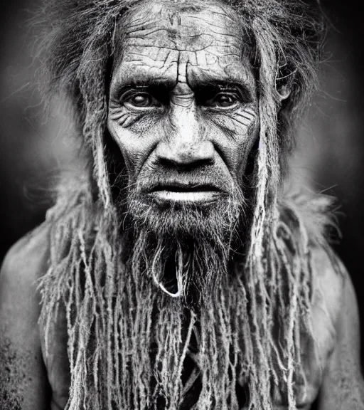 Prompt: Award winning reportage photo of prehistoric Cavepersons with incredible insane hair and beautiful hyper-detailed eyes wearing traditional garb by Lee Jeffries, 85mm ND 5, perfect lighting, gelatin silver process