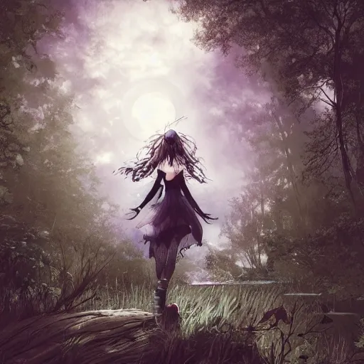 Image similar to goth woman in a moonlight view, in a forest, a river, tankoban, 4 k, tone mapping, akihiko yoshida, james jean andrei riabovitchev marc simonetti, yoshitaka amano, long hair, curly, h. hydrochaeri