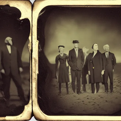 Image similar to tintype photograph, lovecraftian aliens talking with the president of the united states, desert location, highly detailed, 8 k, trending on artstation