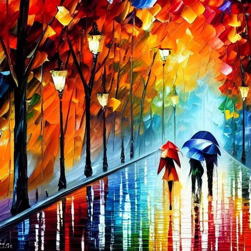 Prompt: a paint of rainy street by leonid afremov.