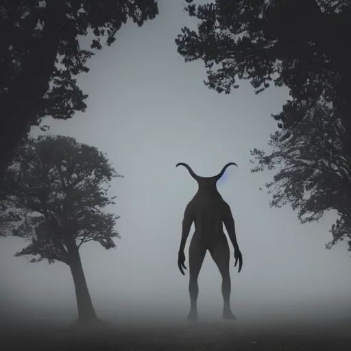 Prompt: cinematic photo of a tall humanoid animal hybrids creature looming over a military camp, fog, army