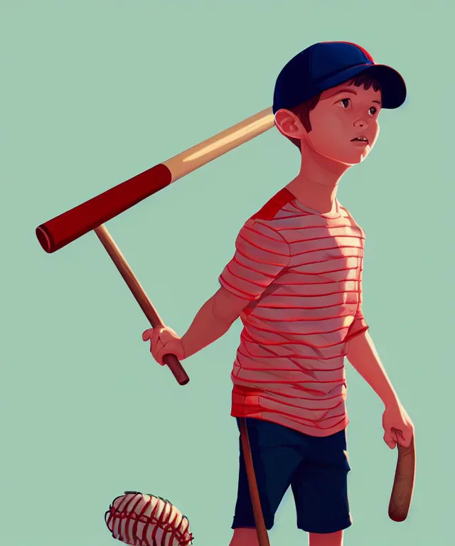 Image similar to a young boy wearing a horizontal striped shirt and a red baseball cap and jean shorts, holding a baseball bat, digital painting, artstation, concept art, sharp focus, octane render, illustration, art by tomer hanuka,