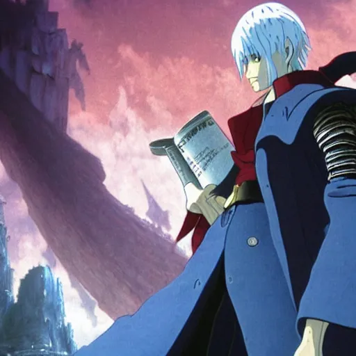 Image similar to a shot of dante from devil may cry in howl's moving castle movie, movie shot, anime, hightly detailed, rescalated 4 k, detailed, straight face, detailed face, studio ghibli