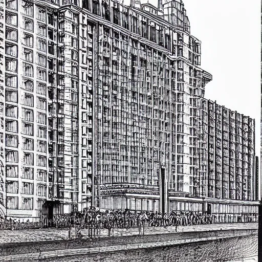 Image similar to Palast der Republik in Berlin, highly detailed architectural drawing by Francois Schuiten