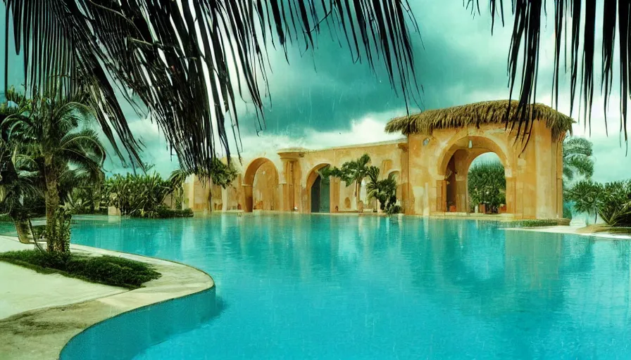 Prompt: A 1998 magazine architecture photo of a pool, mediterranean architecture, refracted color lines and sparkles, thunderstorm outside, beach and Tropical vegetation on the background major arcana sky and occult symbols, hyperrealistic 8k uhd, award-winning, 1998