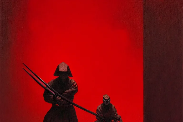 Image similar to only with red, a red samurai harakiri, tokio, a lot of frogs watch, in the style of beksinski, parts by edward hopper, parts by rodcenko, parts by yue minjun, intricate and epic composition, red by caravaggio, insanely quality, highly detailed, masterpiece, red light, artstation, 4 k