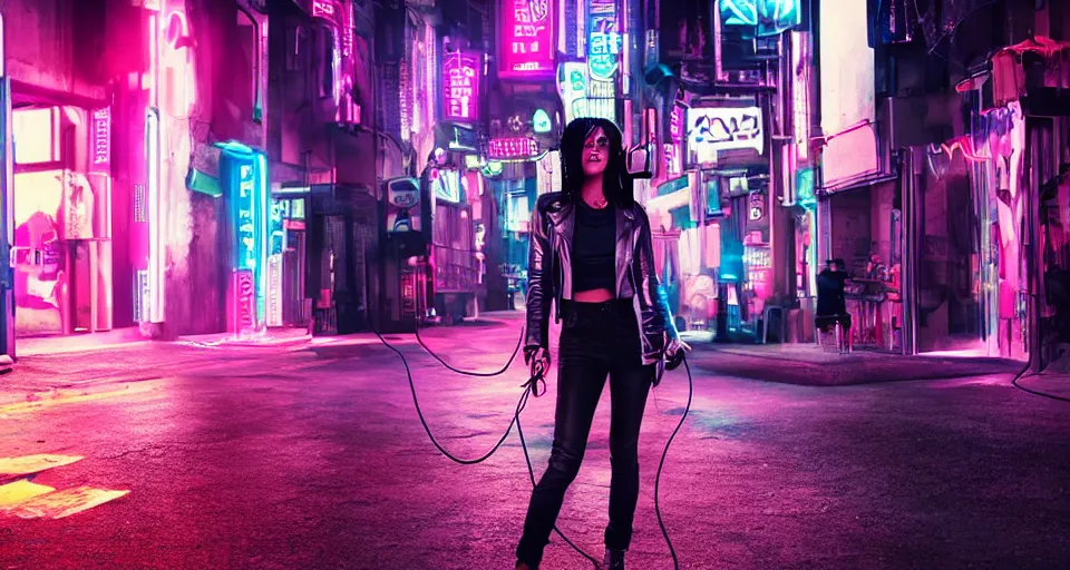 Prompt: A woman wearing LED headphones, a leather jacket, crop top and jeans checking her phone on a neon-lit cyberpunk city street, digital art