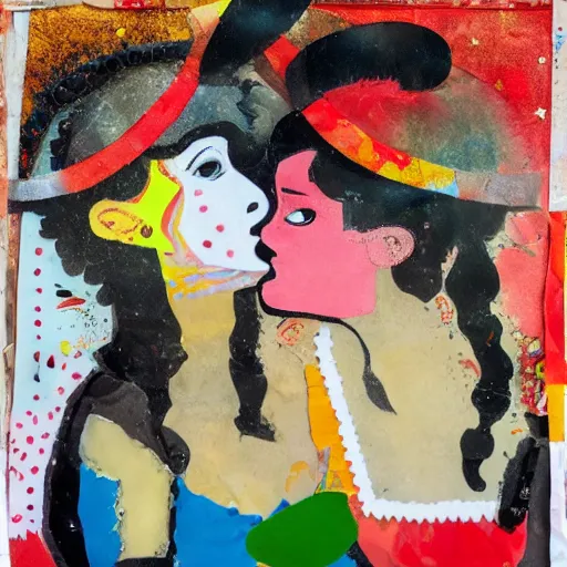 Prompt: two women kissing at a carnival in spain, mixed media collage, retro, paper collage, magazine collage, acrylic paint splatters, bauhaus, claymation, layered paper art, sapphic visual poetry expressing the utmost of desires by jackson pollock