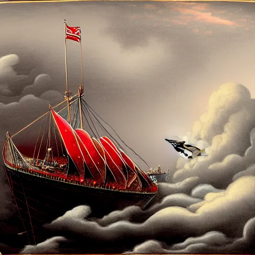 Image similar to victorian airship flying into a violent thunderstorm, red gold gray, rich, highly detailed, realistic, illustration