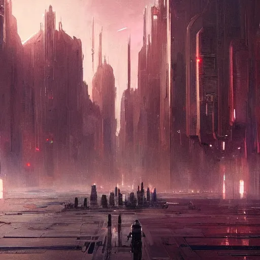 Image similar to star wars concept art by greg rutkowski, a huge metropolis with sharp and elegant buildings, it is night and it feels busy, the buildings are bright, dark and reddish night sky, cinematic lighting, oppressive atmosphere.