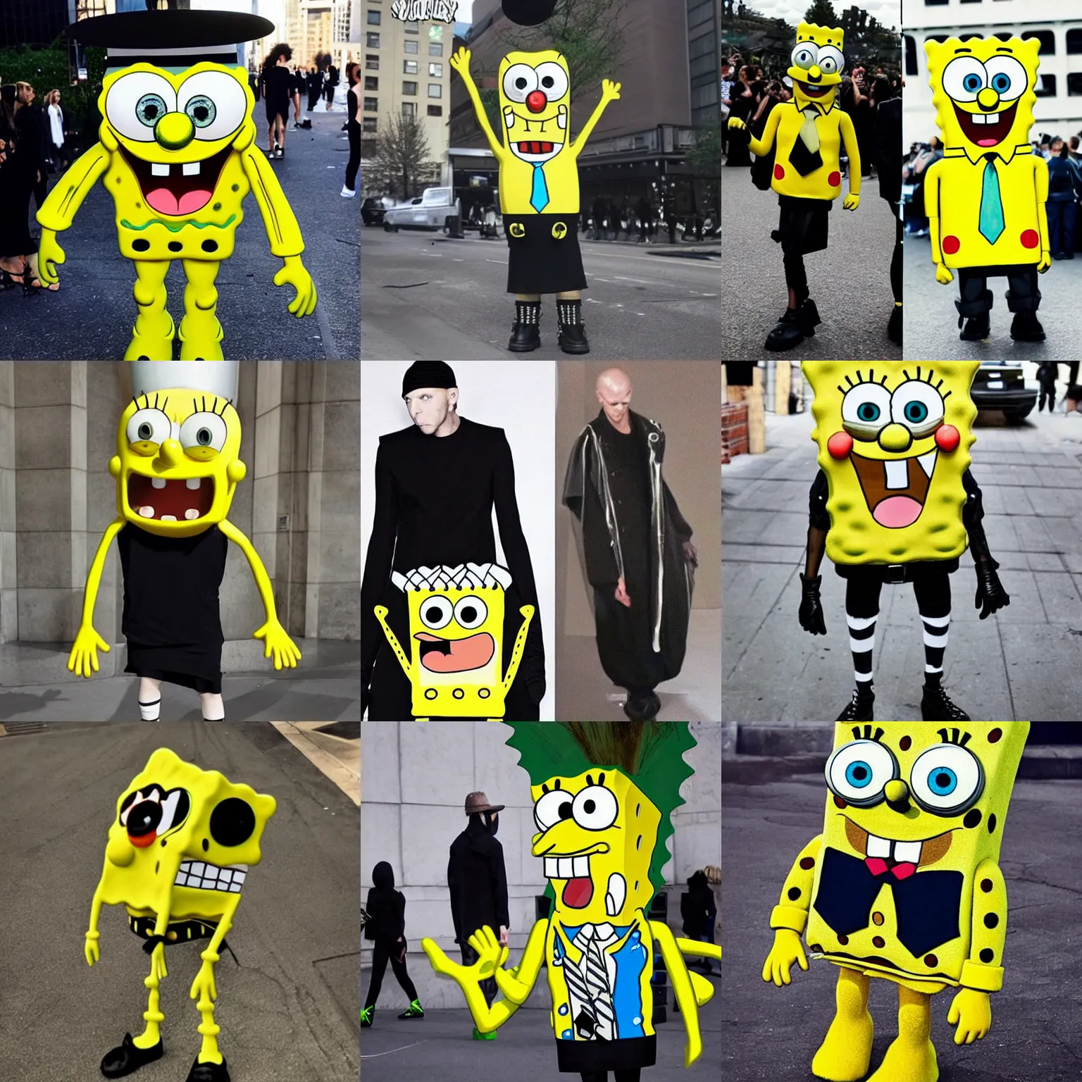 Image similar to Spongebob in real life wearing Rick Owens clothing, avant garde fashion look and clothes, outfit photograph, trending on r/Streetwear