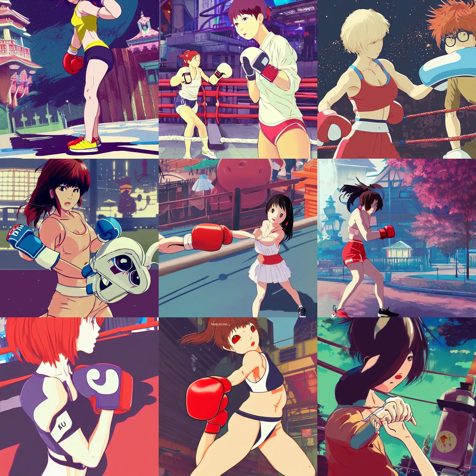 Prompt: A woman boxing a theme park mascot, detailed, artstation, digital illustration, by Kyoto Animation and Studio Ghibli and GAINEX, by Ilya Kuvshinov and Shirow Masamune