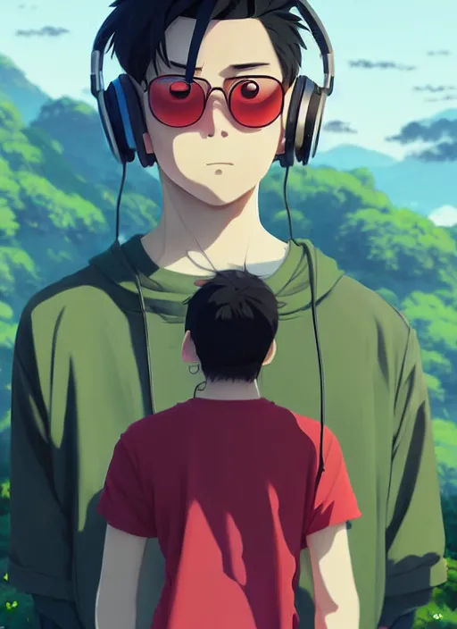 Prompt: portrait of chilled kong, sunny sky background, lush landscape, illustration concept art anime key visual trending pixiv fanbox by wlop and greg rutkowski and makoto shinkai and studio ghibli and kyoto animation, symmetrical facial features, black t shit, red headphones, ripped jeans, backlit, aerodynamic frame, gta 5