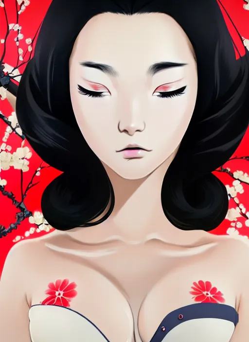 Prompt: glamorous and sexy Geisha, beautiful pale makeup, pearlescent skin, seductive eyes and face, elegant japanese woman, lacivious pose, very detailed face, seductive, sexy push up bras, pale and coloured kimono, photorealism, by Studio Ghibli. 8k render, sharp high quality illustration in style of Ghibli, artstation
