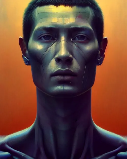 Image similar to a zdzilaw beksinski potrait of a cyborg, fine - face, realistic shaded perfect face, fine details. night setting. realistic shaded lighting poster by ilya kuvshinov katsuhiro, magali villeneuve, artgerm, jeremy lipkin and michael garmash, rob rey and kentaro miura style, trending on art station