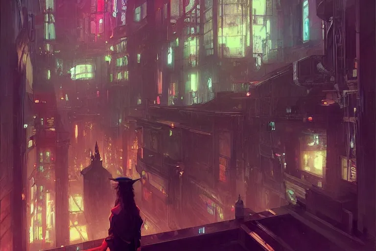 Prompt: Hogwarts cyberpunk, neon lighting, bird's-eye view, digital art from artstation by Ruan Jia and Mandy Jurgens and Artgerm and william-adolphe bouguereau and Greg Rutkowski and Wayne Barlowe