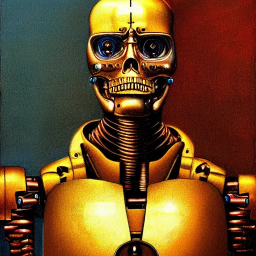 Image similar to highly detailed terminator t - 1 0 0 robot, beksinski style painting