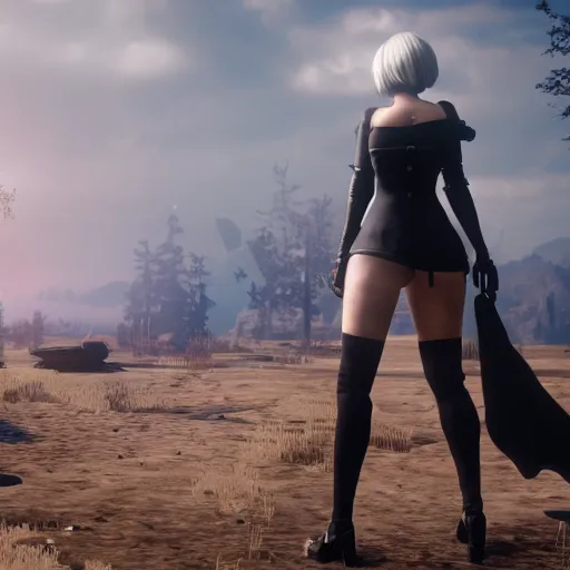 Image similar to Film still of 2B nier automata, from Red Dead Redemption 2 (2018 video game), trending on artstation, artstationHD, artstationHQ