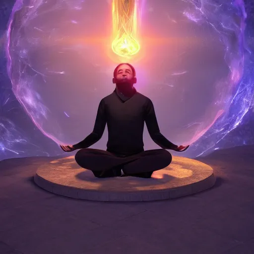 Image similar to a male mage in his 2 0 s with black hair, meditating with closed eyes, in the infinite universe. unreal engine, extremely detailed, award - winning art, trending on artstation