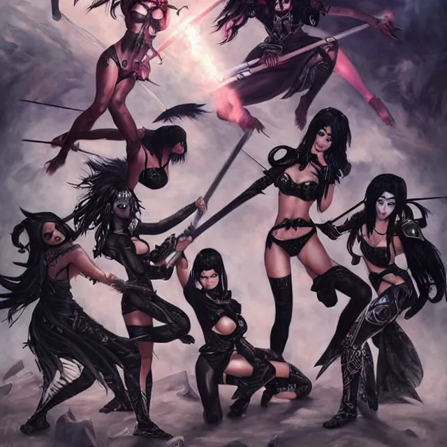 Prompt: group of beautiful goth girls fighting slavemaster with sword cosplay with black hair in bikini armor, light makeup, few tattoos, clothes fully on, art by stanley lau and artgem and wlop and magali villeneuve and karol bak and gennady ulybin