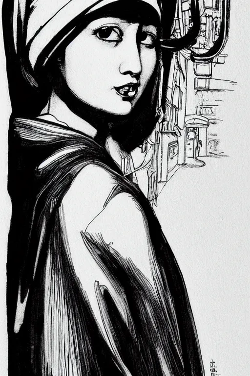 Image similar to beautiful portrait of a woman, negative no not the girl with a pearl earring, highly detailed ink illustration of a narrow neon lit tokyo alley, b & w clean shaped illustration by kim jung gi, ric estrada, ron english and eiichiro oda