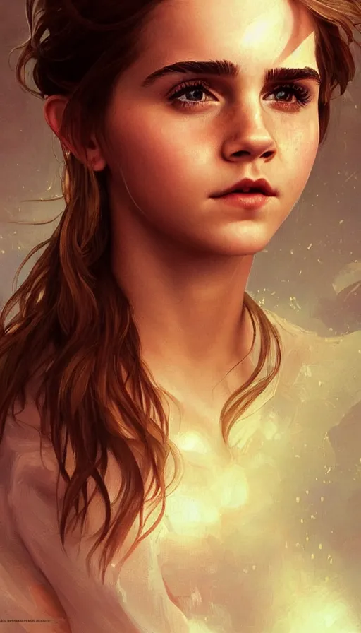 Image similar to angel, perfectly-centered-painting of young Emma watson, sweaty, dynamic action pose, insane, intricate, highly detailed, digital painting, artstation, concept art, smooth, sharp focus, illustration, Unreal Engine 5, 8K, art by artgerm and greg rutkowski and alphonse mucha