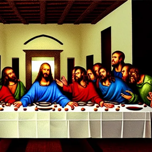 Image similar to the last supper but it is only jesus'clones, realistic, hdr, clear image, hdd, rtx on,