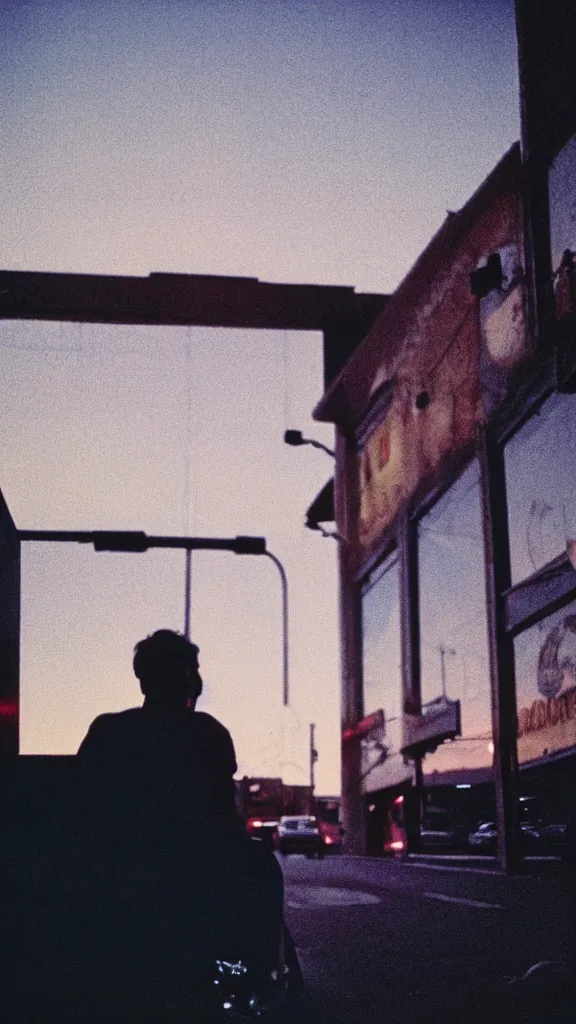 Image similar to Waiting in the car Waiting for the ride in the dark At night the city grows Look at the horizon glow Drinking in the lounge Following the neon signs Waiting for a word Looking at the milky skyline The city is my church It wraps me in its blinding twilight, cinestill 800