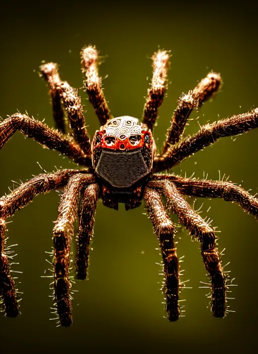Prompt: macro photo of an intricate biomechanical spider, on the background of a weird magical mechanical forest. Round gears visible inside her hear. Very detailed 8k. Fantasy cyberpunk horror. Sharp. Cinematic post-processing