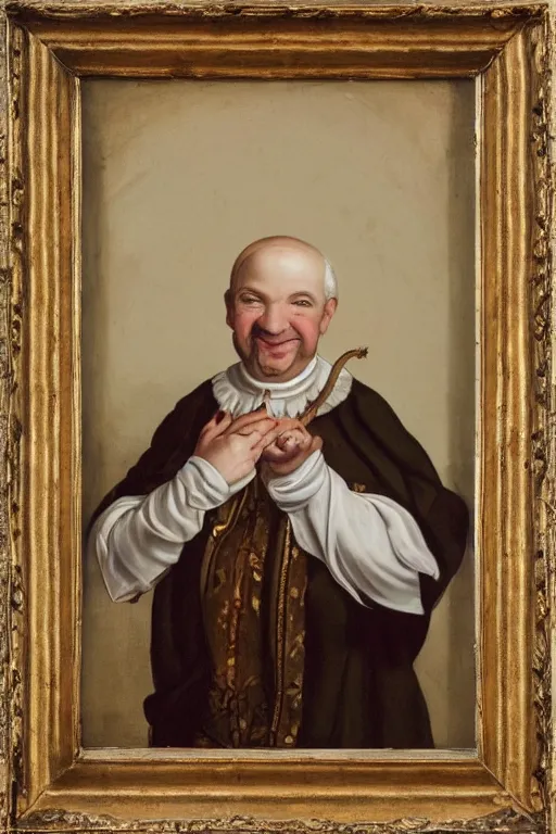 Prompt: garlic man portrait, baroque painting, smug, surrounding garlic