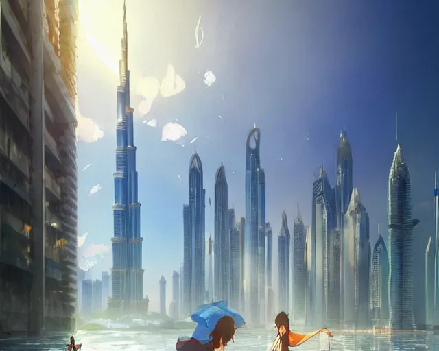 Prompt: dubai city and burj khalifa in front blue water, atmospheric lighting. by makoto shinkai, stanley artgerm lau, wlop, rossdraws, james jean, andrei riabovitchev, marc simonetti, krenz cushart, sakimichan, d & d trending on artstation, digital art.