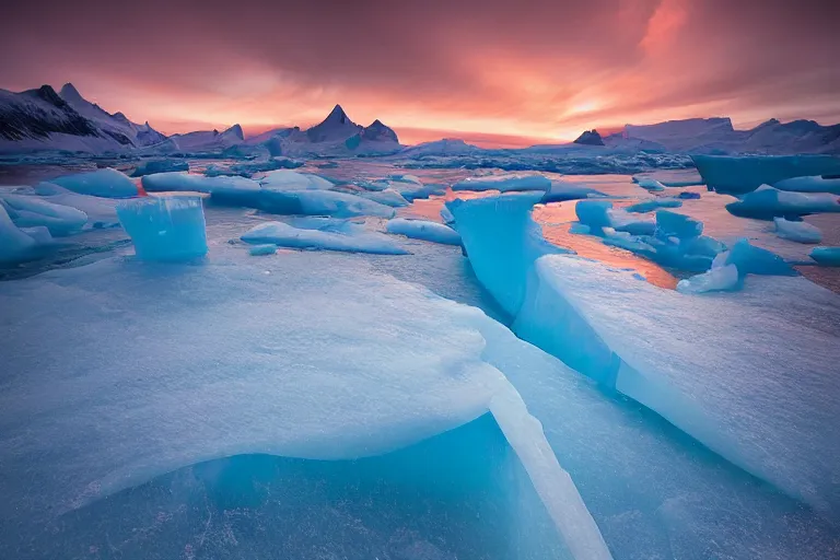 Image similar to moody landscape photography by marc adamus, greenland, sunset, ice