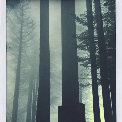 Prompt: a towering statue in a forest clearing reaching into the fog, night, old polaroid, expired film, megalophobia,