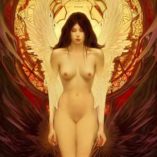 Image similar to A portrait of A beautiful!!!! angel in black flames by Ross Tran!! and alphonse mucha and greg rutkowski and Zdzisław Beksiński!!,In style of digital art illustration.Symmetry.Beautiful features.Fantasy,darksouls,elden ring,smooth,hyper detailed,sharp focus,Soft light.trending on artstation.4k