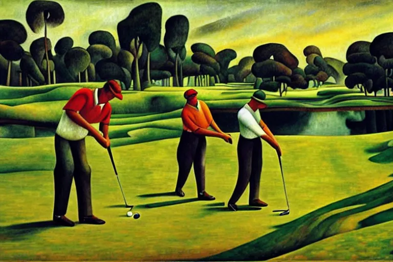 Image similar to Three golfers on a beautiful golf course, by Diego Rivera