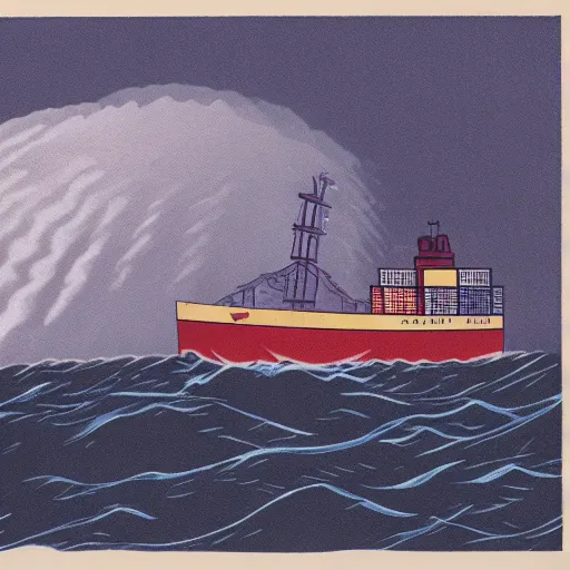 Prompt: a risograph of a ship during huge storm