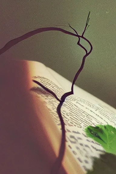 Image similar to “ very photorealistic photo of vines growing out of a woman ’ s book as she sleeps, award - winning details ”