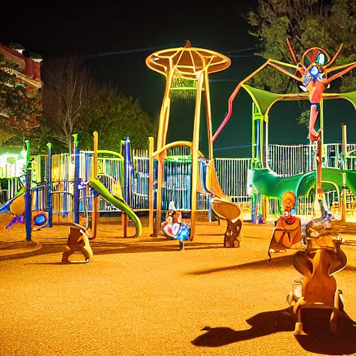 Prompt: nightmare beasts at a playground at night, photograph