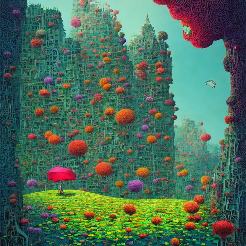 Image similar to surreal glimpse into other universe, mahanakorn tower, summer morning, very coherent and colorful high contrast, art by!!!! gediminas pranckevicius!!!!, geof darrow, floralpunk screen printing woodblock, dark shadows, hard lighting, stipple brush technique,