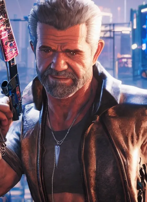 Image similar to film still of Mel Gibson as Johnny Silverhand in Cyberpunk 2077, gameplay, 8k, HD