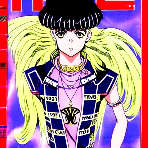 Prompt: 1993 Magazine Cover Anime key visual of a Versace girl; official media; typography; drawn by Hirohiko Araki; Jojo's Bizarre Adventure; Jojolion